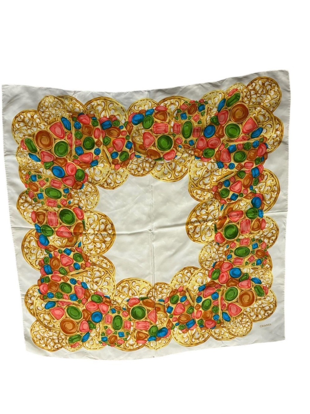 CHANEL Multicolor Gem Print Silk Scarf on Cream